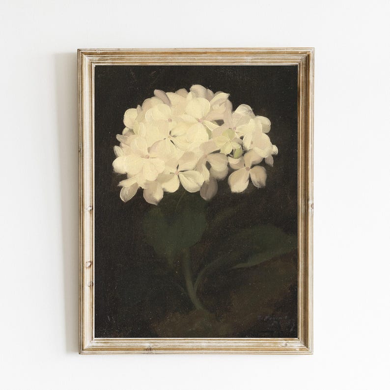 White hydrangea flower painting, vintage hydrangea wall art, hydrangea canvas wall hanging, vintage botanical painting, vintage flower art image 1