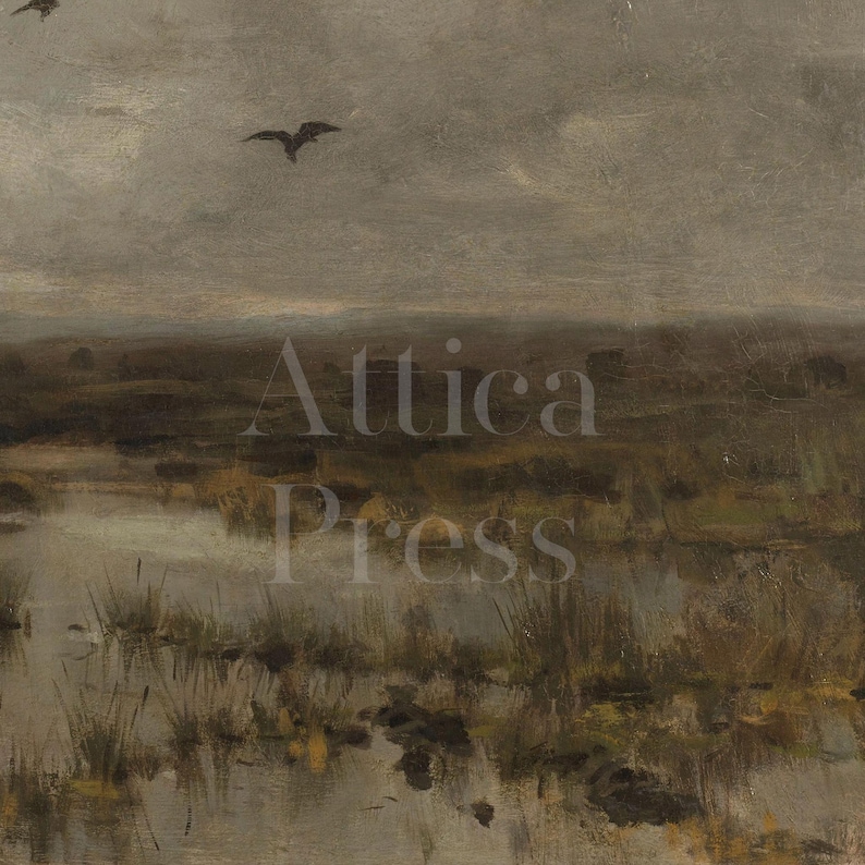 Close up of a large tapestry landscpae painting featuring a dark and moody landscape painting of a marsh, the sun trying to come out from behind the clouds and birds flying overhead.