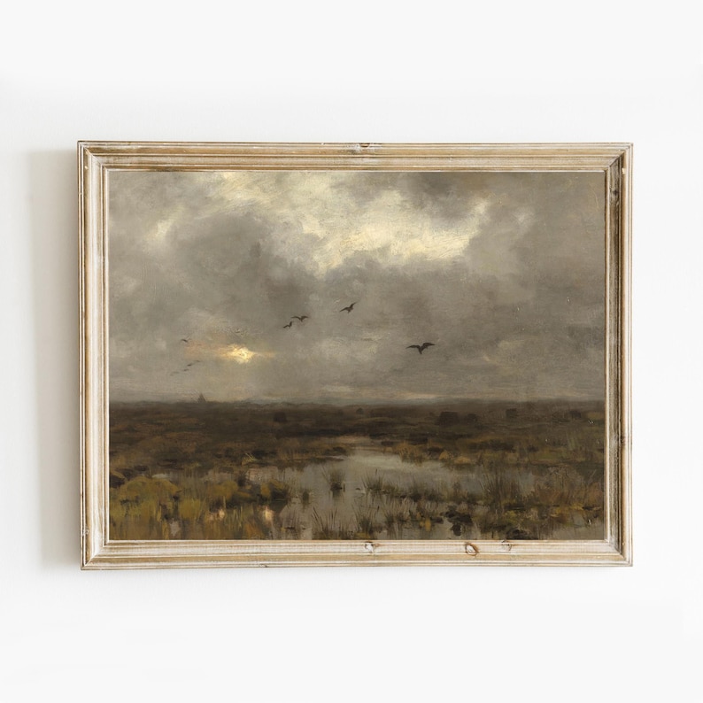 Moody Landscape large hanging tapestry wall art, Dark moody artwork, Marsh landscape painting, dark and moody home decor, hanging tapestry image 4