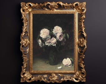 Moody floral still life, flower painting, botanial, vintage still life art, vintage rose painting, roses in a vase