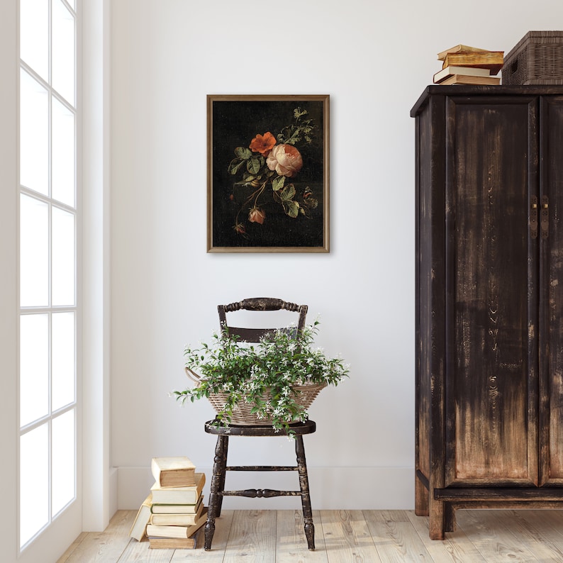 Old Dutch master dark and moody flower painting featuring red and pink roses