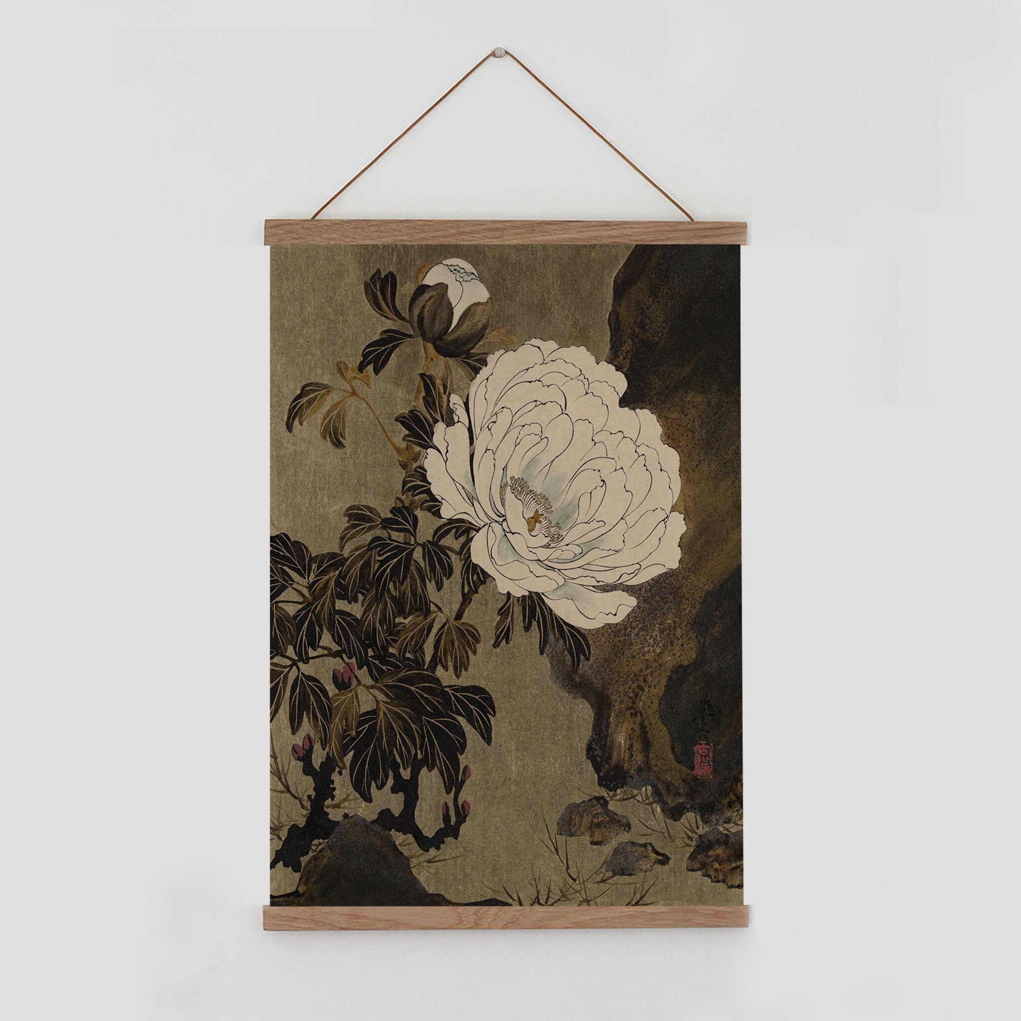 Japanese peony floral wall hanging, moody floral wall hanging, dark floral wall hanging, Japanese wall hanging tapestry, Japanese scroll