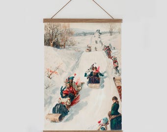 Adorno de pared navideño, decoración de pared navideña vintage, arte de pared de invierno, trineo vintage, arte de pared con escena de nieve, arte de pared de invierno divertido.
