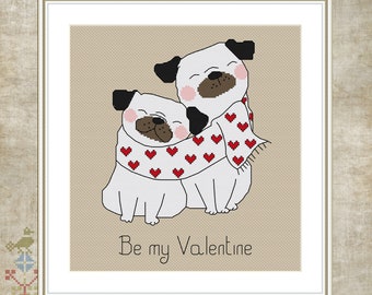 Cross Stitch Pattern Be My Valentine Cute Pug Puppies Counted Cross-Stitch Chart PDF Instant Download Simple and Easy to Make