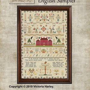 RARE Antique 1818 Red House English Sampler Reproduction Cross Stitch Counted Chart PDF Instant Download Unique RARE Vintage Old Harley image 1