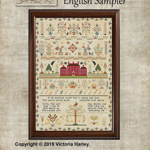 RARE Antique 1818 Red House English Sampler Reproduction Cross Stitch Counted Chart PDF Instant Download Unique RARE vintage Old Harley