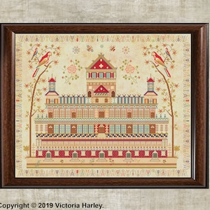 Antique 1849 Sampler Reproduction Cross Stitch Solomon&#39;s Temple Counted Chart PDF Instant Download Unique RARE Harley