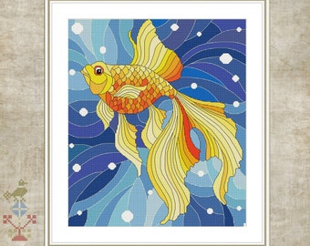 Cross Stitch Pattern Gold Fish Counted Cross-Stitch Chart PDF Instant Download Simple and Easy to Make Good Luck Stained Glass Style