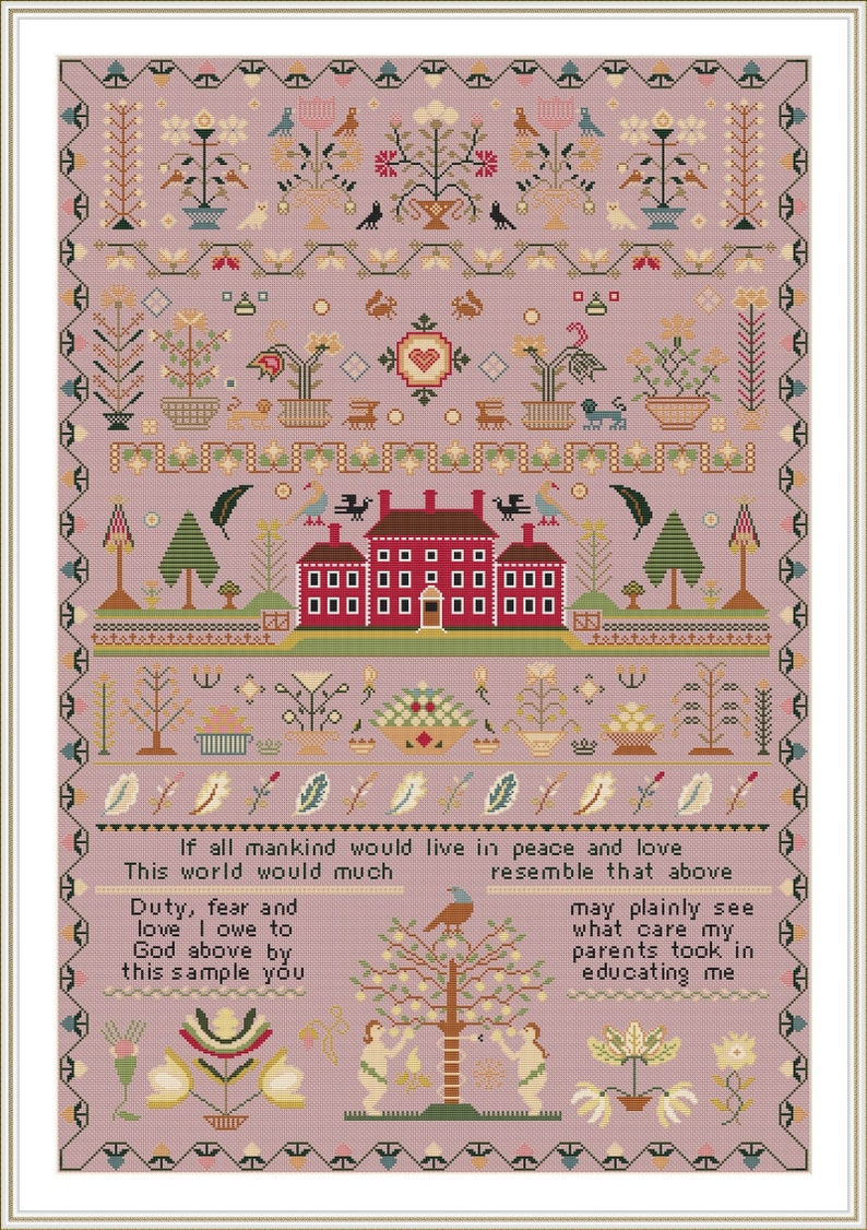 RARE Antique 1818 Red House English Sampler Reproduction Cross Stitch Counted Chart PDF Instant Download Unique RARE Vintage Old Harley image 7