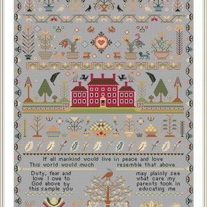 RARE Antique 1818 Red House English Sampler Reproduction Cross Stitch Counted Chart PDF Instant Download Unique RARE Vintage Old Harley image 4