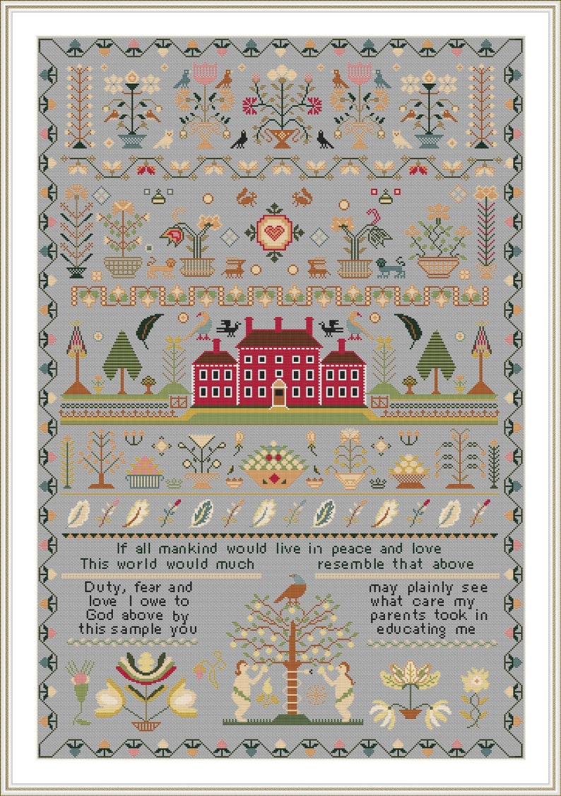 RARE Antique 1818 Red House English Sampler Reproduction Cross Stitch Counted Chart PDF Instant Download Unique RARE Vintage Old Harley image 4