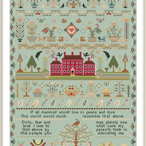 RARE Antique 1818 Red House English Sampler Reproduction Cross Stitch Counted Chart PDF Instant Download Unique RARE Vintage Old Harley image 5