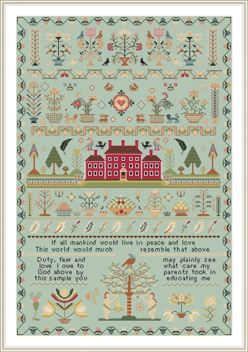 RARE Antique 1818 Red House English Sampler Reproduction Cross Stitch Counted Chart PDF Instant Download Unique RARE Vintage Old Harley image 5