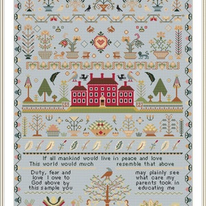 RARE Antique 1818 Red House English Sampler Reproduction Cross Stitch Counted Chart PDF Instant Download Unique RARE Vintage Old Harley image 6