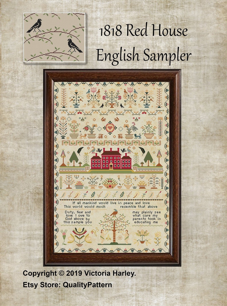 RARE Antique 1818 Red House English Sampler Reproduction Cross Stitch Counted Chart PDF Instant Download Unique RARE Vintage Old Harley image 1