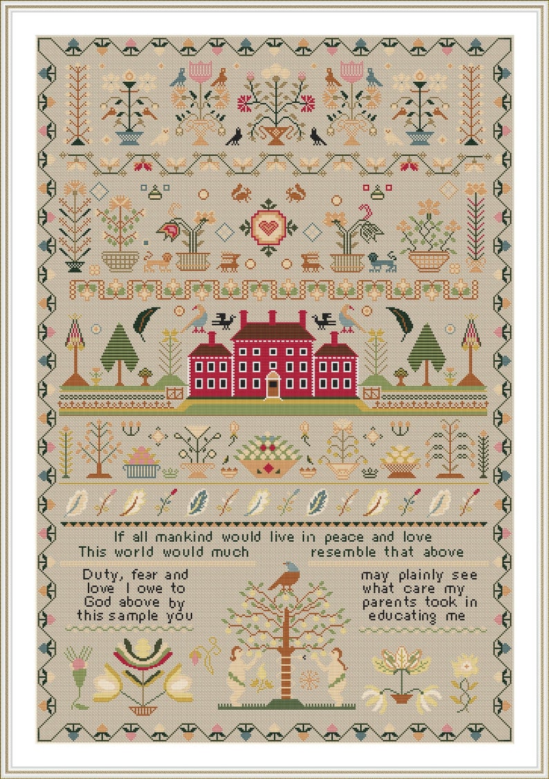 RARE Antique 1818 Red House English Sampler Reproduction Cross Stitch Counted Chart PDF Instant Download Unique RARE Vintage Old Harley image 2