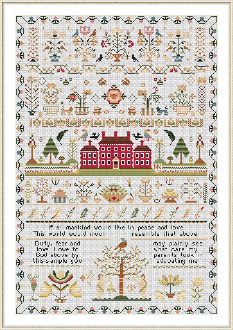RARE Antique 1818 Red House English Sampler Reproduction Cross Stitch Counted Chart PDF Instant Download Unique RARE Vintage Old Harley image 3