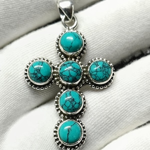 Turquoise kruishanger: handgemaakte 925 sterlingzilveren ketting