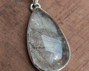 Bohemian Black Rutile Gemstone Pendant: Handmade 925 Sterling Silver