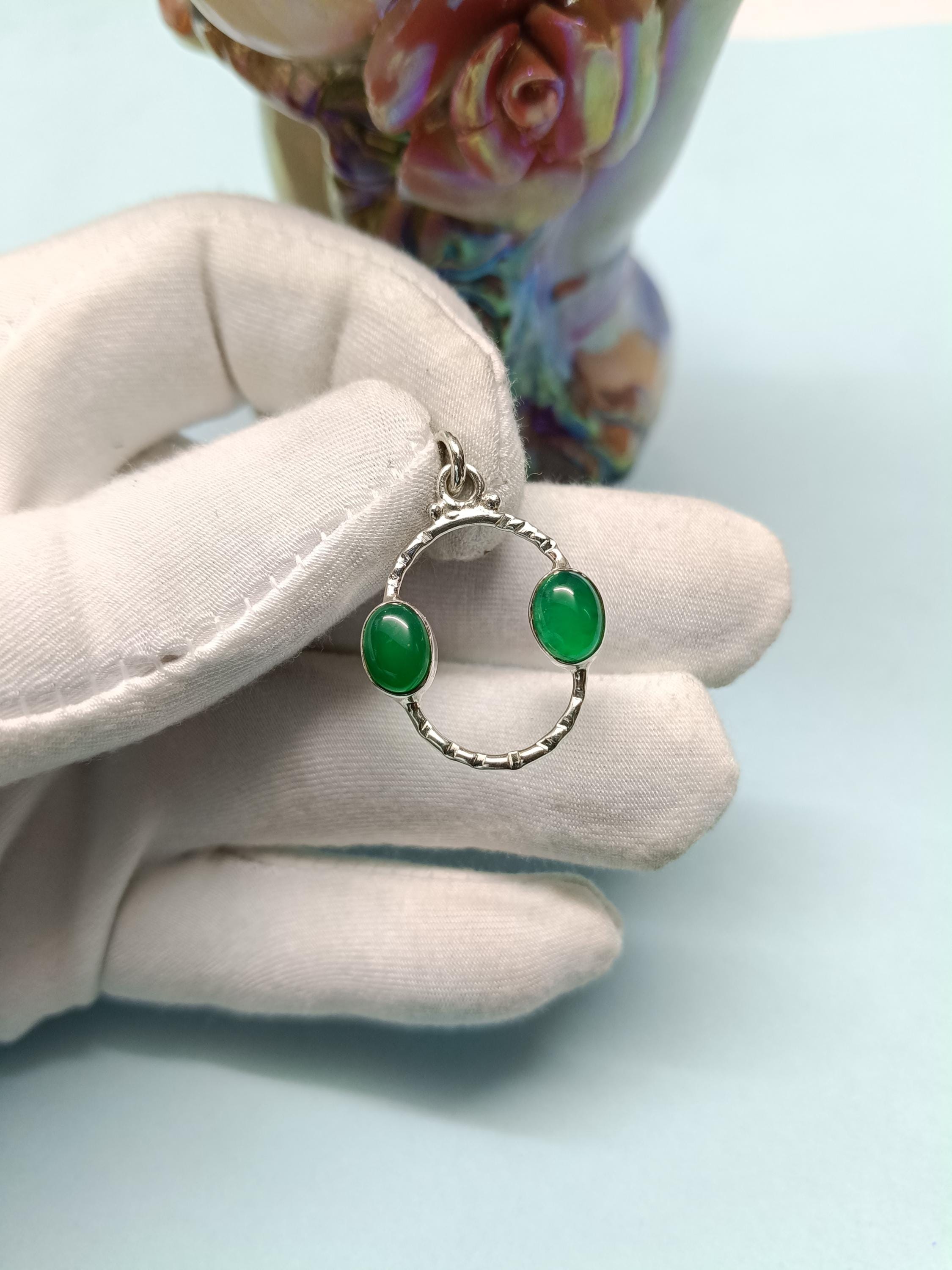 Ciondolo Fatto A Mano In Onice Verde – Pietra Naturale, Argento Placcato – 1,65 Pollici (D080) - Foto 4