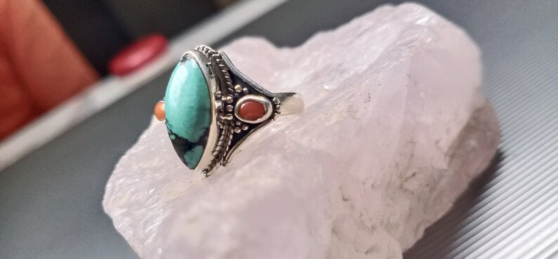 Torquise Coral Gemstone Ring 92.5 Sterling Silver Ring Statement ring Silver ring Oval Shaped Natural Torquise Cabochons Gemstone