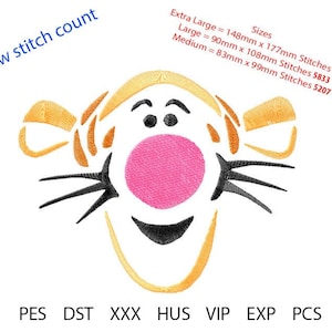 Tigger Face Embroidery Design, Machine Embroidery,  Low stitch count. 4 colour. 3 sizes NOW with JEF format