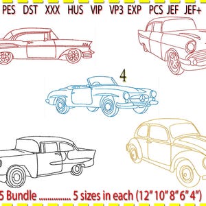 Op de afbeelding: Een afbeelding met vijf klassieke auto-ontwerpen in een lijnkunststijl. De auto's zijn genummerd van 1 tot 5, elk in een andere kleur. De tekst onderaan luidt "5 Bundle... 5 maten in elk (30cm 25cm 20cm 15cm 10cm)".