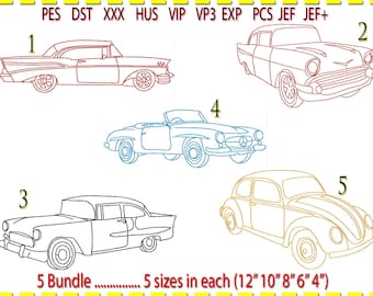 Classic Car Line Art Embroidery Design Bundle: Low Stitch Count (x5 Sizes)