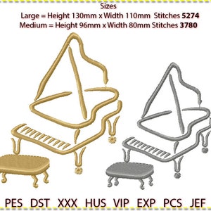 Motif de broderie piano à queue, broderie Machine devise, 2 tailles. Faible nombre de points. Instrument de musique