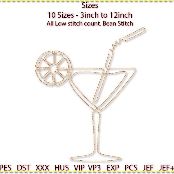 Cocktail Embroidery Design, Machine Embroidery, 10 sizes. Low stitch count. 1 colour line art. 12" to 3"