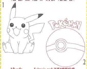 Pikachu and PokeBall Line Art Embroidery Design (Digital Download)