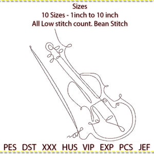Puede incluir: Dibujo de línea de un violín en 10 tamaños, que van de 2,5 cm a 25 cm. Todos los diseños tienen un bajo recuento de puntadas y están hechos con el punto de cadena. Los formatos de archivo incluyen PES, DST, XXX, HUS, VIP, EXP, PCS y JEF.