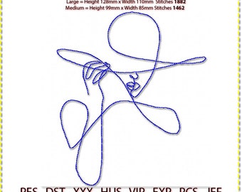 Fashion Line Art Stickdatei: Frau mit Hut (Digitaler Download)