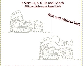 May include: A black and white line art embroidery design of the Colosseum in Rome, Italy. The design includes the text "Rome" and is available in five sizes: 4, 6, 8, 10, and 12 inches. The design is for machine embroidery and is a low stitch count.  It is available with and without text.