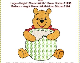 Pooh mit Topf Stickdatei, Maschinenstickerei. 5 farbig. 2 Größen