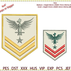 May include: Two embroidered patches with a stylized eagle design and chevron stripes. The larger patch is beige with gold stripes and the smaller patch is beige with red stripes. The text "Sizes" is above the patches and includes the dimensions and stitch count for each patch. The text "4x4" Hoops or bigger" is in the top left corner of the image. The text "PES DST XXX HUS VIP EXP PCS JEF" is at the bottom of the image.