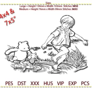 May include: Black and white line art embroidery design of a boy and a bear sitting on a rock by a stream. The design is available in four sizes: 4x4 and 7x5 inches. The design is available in PES, DST, XXX, HUS, VIP, EXP, and PCS formats.
