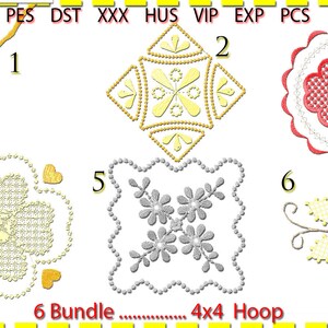 Puede incluir: Seis diseños de bordado para un aro de 4x4. Los diseños incluyen una rama con hojas rojas, un patrón geométrico en amarillo, un círculo rojo y blanco, una flor amarilla con corazones, un diseño floral gris y una flor amarilla con centro marrón.