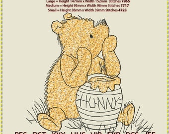 Diseño clásico de bordado de Winnie the Pooh, oso Winnie the Pooh clásico con maceta HUNNY, bordado a máquina. Baja densidad de puntadas. Dos colores. Puntada con efecto peludo.