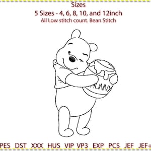 Hunny Pot and Pooh Line Art.  Embroidery Design, Machine Embroidery, Winnie the Pooh . 1 colour. 5 sizes. Back stitch 12&quot; 10&quot; 8&quot; 6&quot; 4&quot;