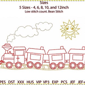 Könnte beinhalten: Gesticktes Design eines roten Zuges mit drei Waggons, einer lächelnden Sonne und Wolken. Erhältlich in fünf Größen: 10, 15, 20, 25 und 30 cm. Der Text weist auf eine geringe Stichzahl und einen Bohnenstich hin.