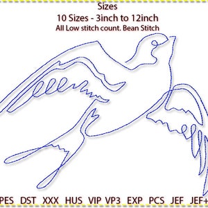 BlueBird Embroidery Design, Machine Embroidery, 10 sizes. Low stitch count. 1 colour line art. 3&quot; to 12&quot; Bean Stitch