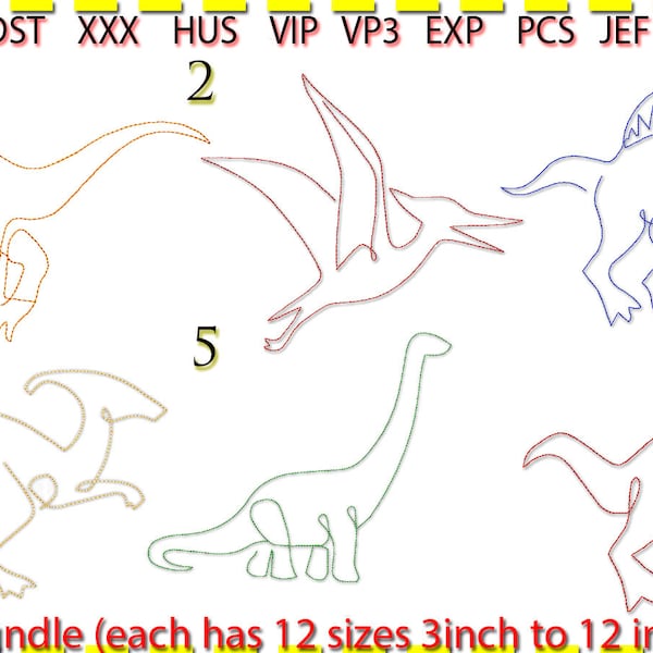 Dinosaur Bundle (x6 each in 10 sizes) Embroidery Design, Machine Embroidery, Line Art. Low stitch count. 1 colour.