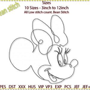 Minnie Embroidery Design, Minnie Mouse Machine Embroidery, Line Art. Low stitch count. 1 colour 3"-12" 10 sizes