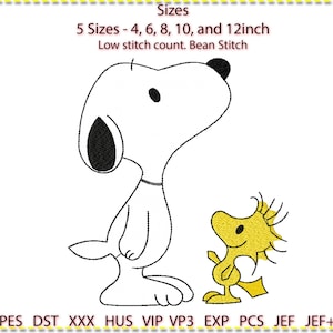 May include: An embroidery design featuring Snoopy and Woodstock in a minimalist style. Snoopy is white with black accents, and Woodstock is yellow. The text indicates sizes available: 4, 6, 8, 10, and 12 inches. The design is labeled as a low stitch count, bean stitch.
