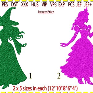 Pode incluir: Dois desenhos bordados: uma bruxa verde e uma princesa rosa. A bruxa usa um chapéu pontudo e um vestido esvoaçante. A princesa tem uma coroa e um vestido em camadas. Texto: "Textured Stitch" e "2 x 5 tamanhos em cada (30cm 25cm 20cm 15cm 10cm)".