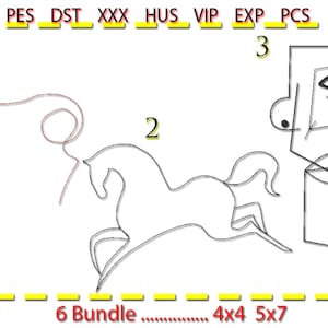 May include: A set of three line art drawings, including two horses and a stylized human face. The drawings are numbered 1, 2, and 3. The text "6 Bundle...............4x4 5x7" is at the bottom of the image.