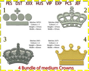 Paquete de diseños de bordado de coronas: tamaño mediano, 4 diseños (descarga digital)