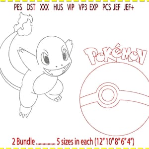 Glurak und PokeBall Bundle, Stickdatei, Maschinenstickerei, Line Art. Geringe Stichanzahl. 1farbig. 31cm bis 10cm