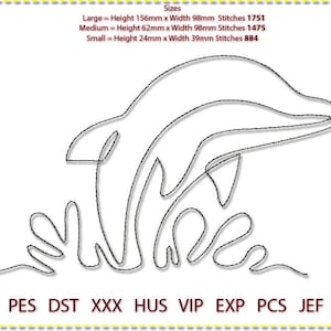 May include: A line art design of a dolphin jumping out of the water. The design is available in three sizes: large (156mm x 98mm), medium (62mm x 98mm), and small (24mm x 39mm). The design can be stitched in PES, DST, XXX, HUS, VIP, EXP, PCS, and JEF formats.